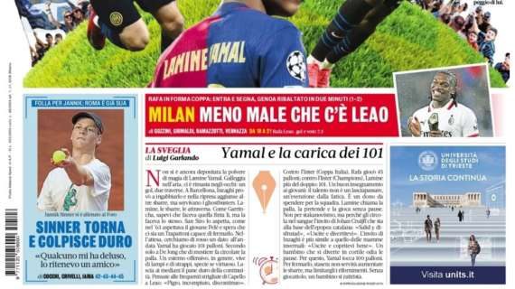 L'apertura della Gazzetta: "Milan, meno male che c'è Leao"