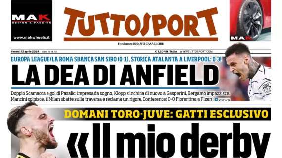 Tuttosport in apertura: "Mancini colpisce, il Milan sbatte sulla traversa e reclama un rigore"