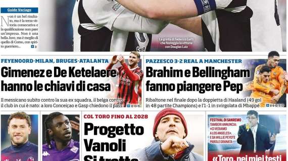 Tuttosport in prima pagina su Milan e Atalanta: "Gimenez e De Ketelaere hanno le chiavi di casa"