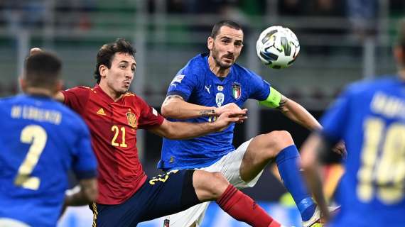 Nations League, Italia-Spagna (0-2) a fine primo tempo con doppietta di Ferran. Espulso Bonucci