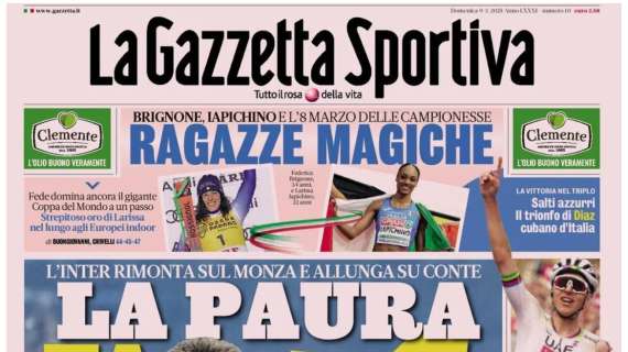 La Gazzetta dello Sport apre con l'allungo Inter: "La paura fa +4"